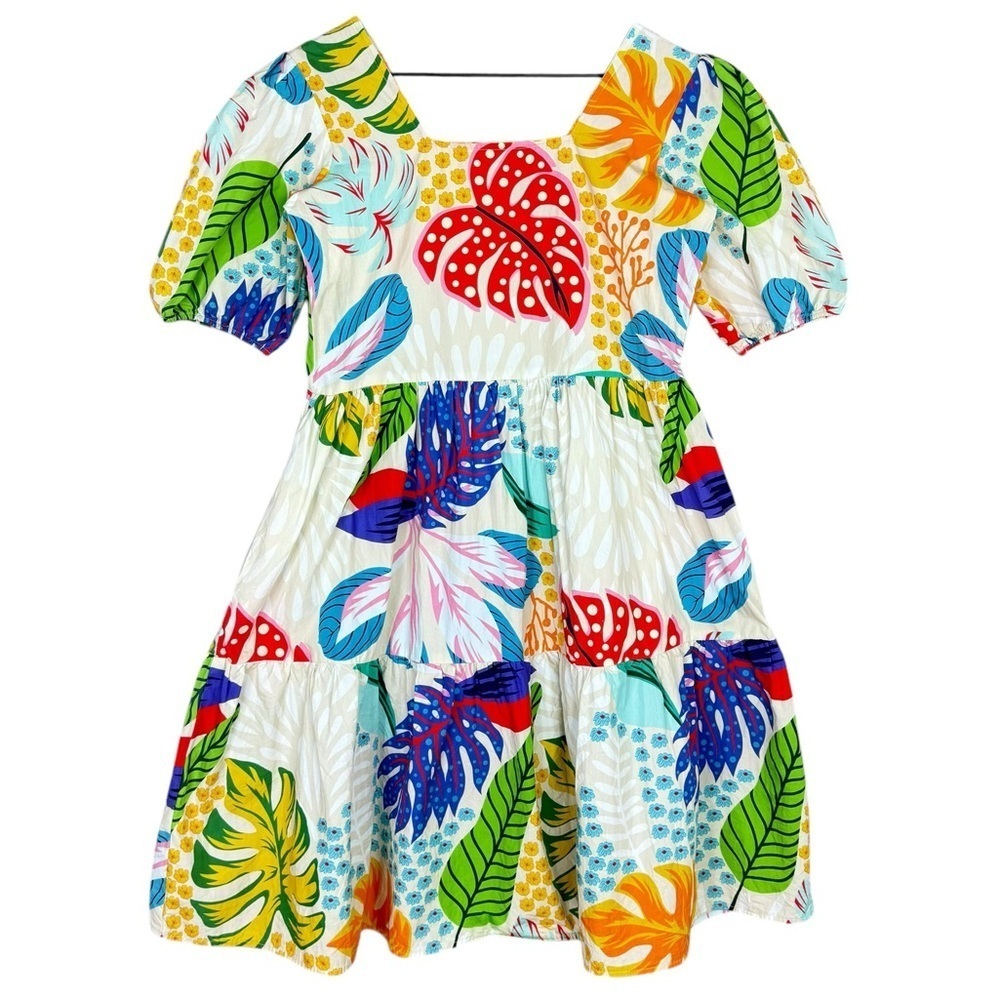 Maude Vivante Dress Womens XS Tropical Print Square Neck Puff Sleeves Pockets